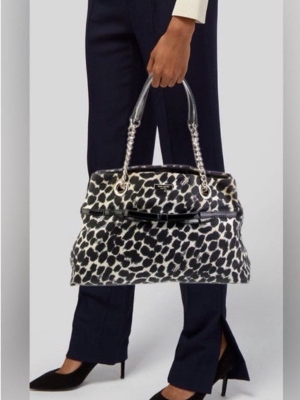 Kate Spade Black and White Leopard Print Chain-Handle Tote Bag